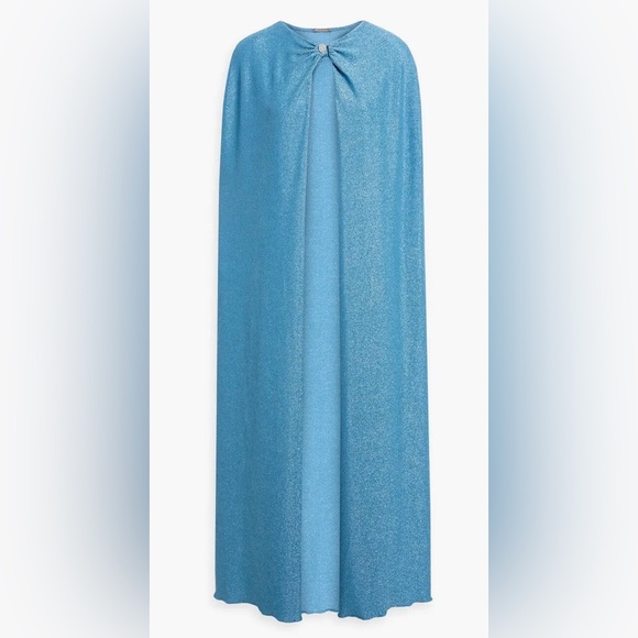 NEW Monique Lhuillier Metallic Stretch-Knit Cape Sz S Crystal Button Azure Blue - Picture 2 of 9